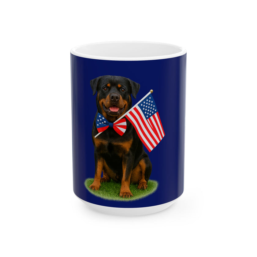 A ceramic mug featuring a Rottweiler sitting on grass, wearing a red, white, and blue bow tie, and holding an American flag against a dark blue background. with the message "Born to be Free"