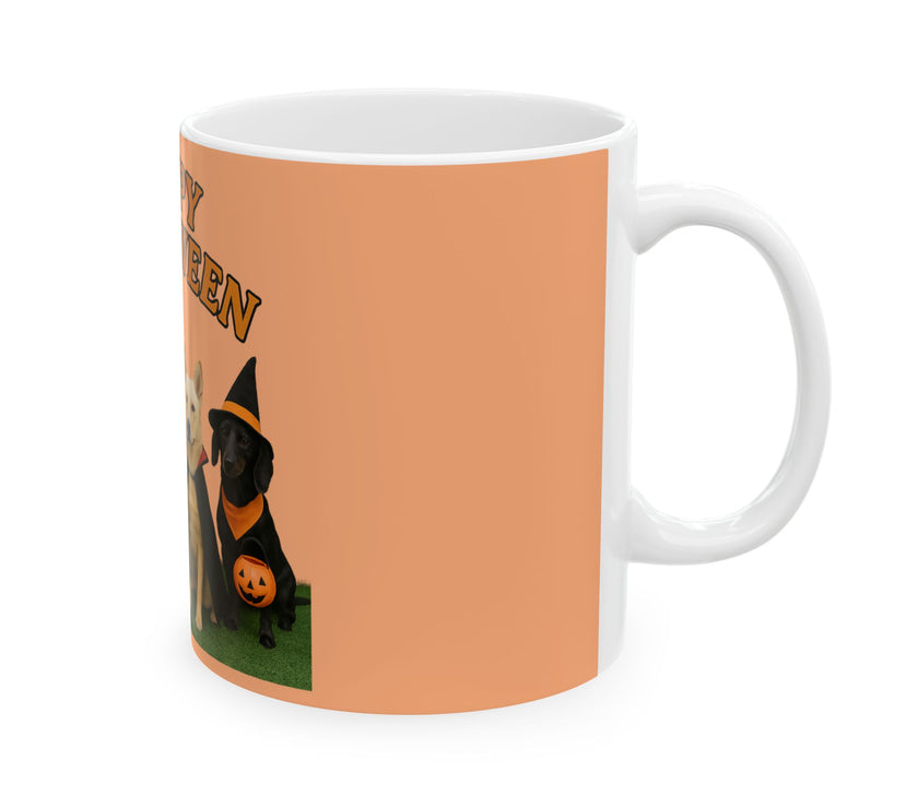 Mug with a dog in a witch costume and 'Happy Halloween' text on an orange background