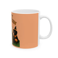 Mug with a dog in a witch costume and 'Happy Halloween' text on an orange background