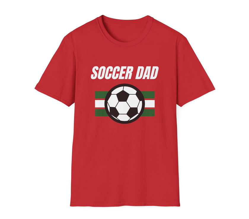 Red t-shirt with 'Soccer Dad' text and soccer ball graphic on a white background