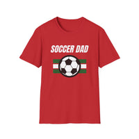 Red t-shirt with 'Soccer Dad' text and soccer ball graphic on a white background