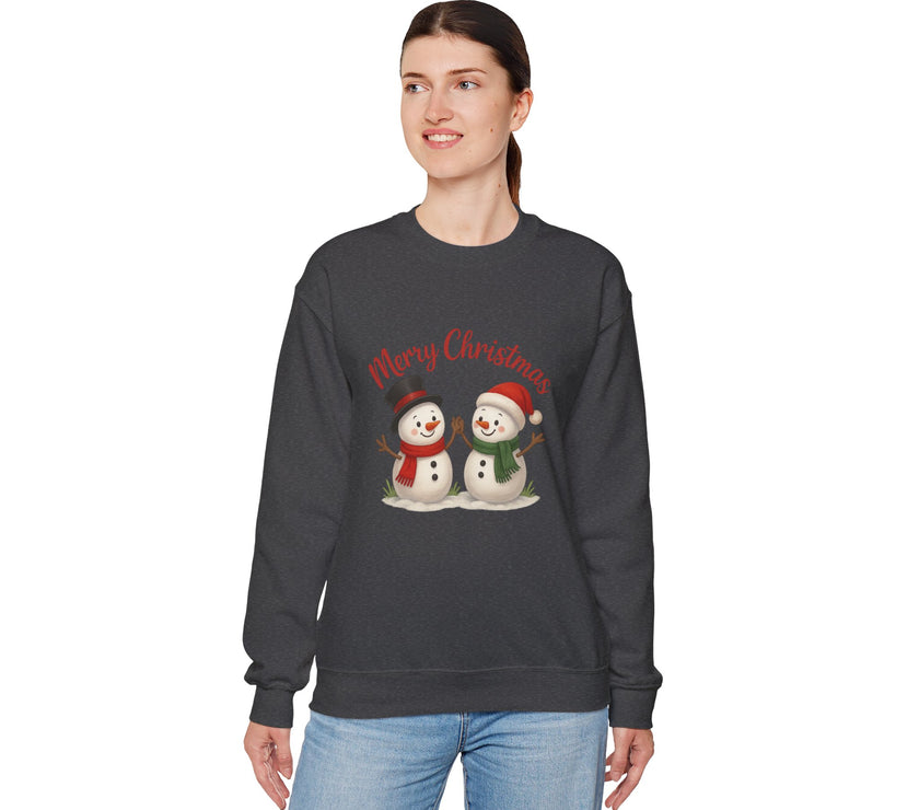 Person wearing a dark gray sweatshirt with Christmas-themed design on a white background