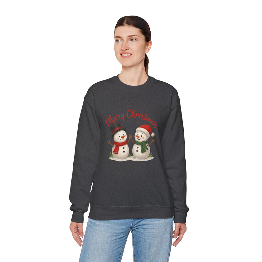 Person wearing a dark gray sweatshirt with Christmas-themed design on a white background