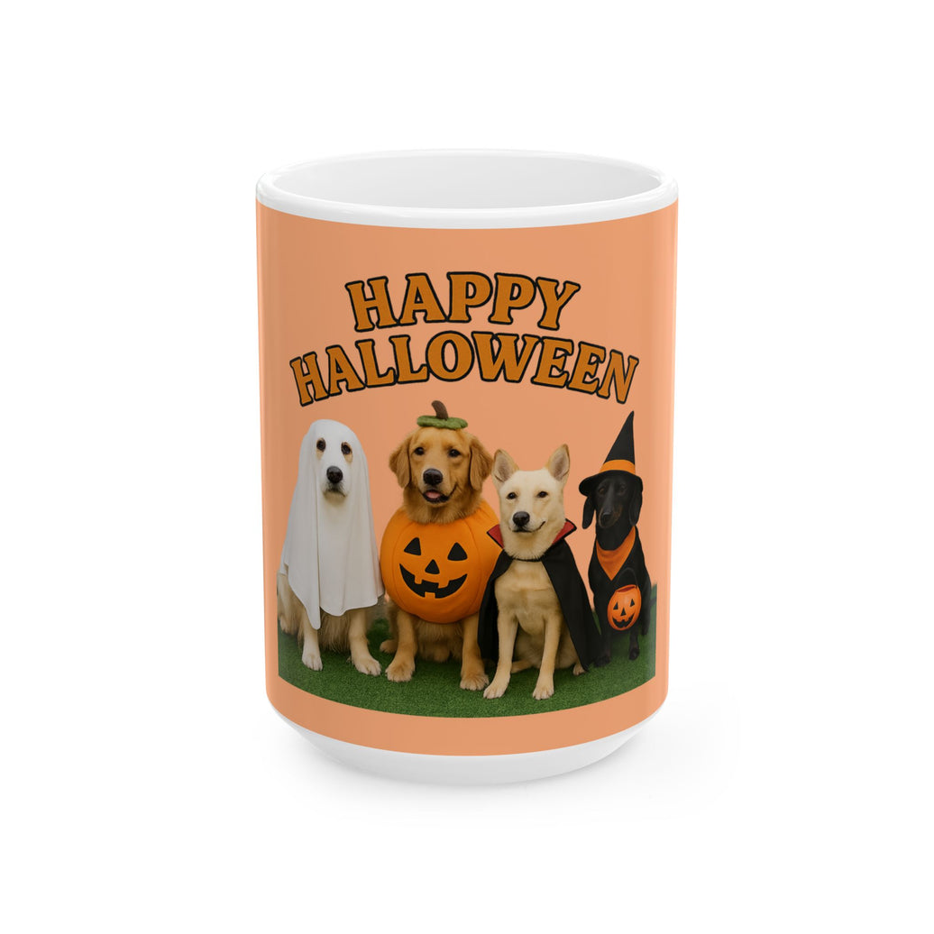Mug with four dogs in Halloween costumes and 'Happy Halloween' text on an orange background