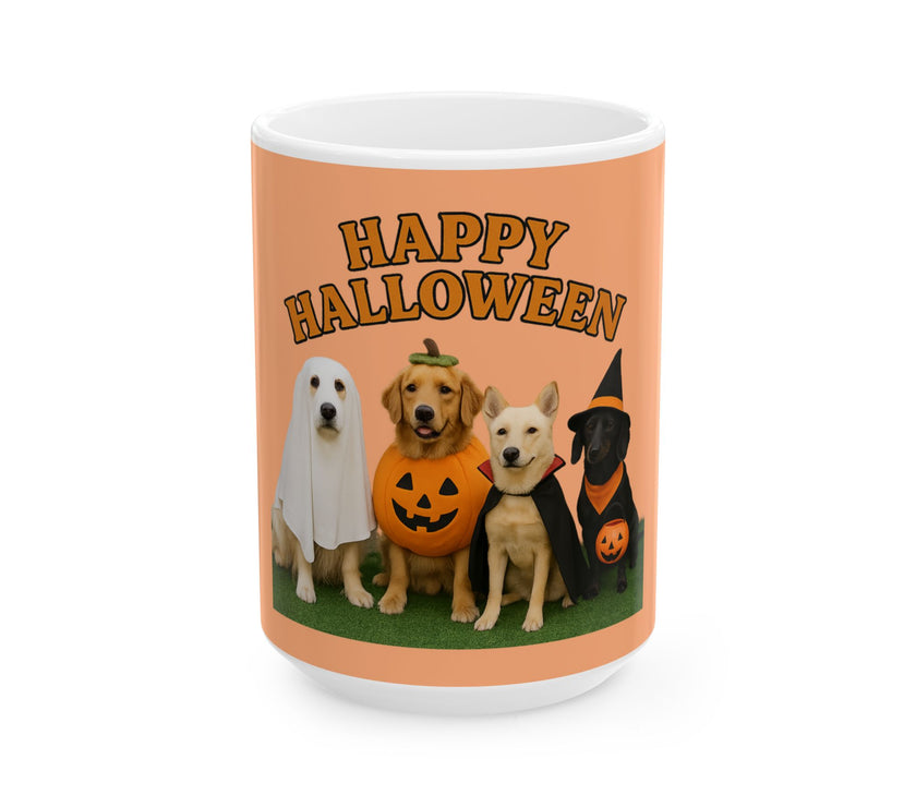 Mug with four dogs in Halloween costumes and 'Happy Halloween' text on an orange background