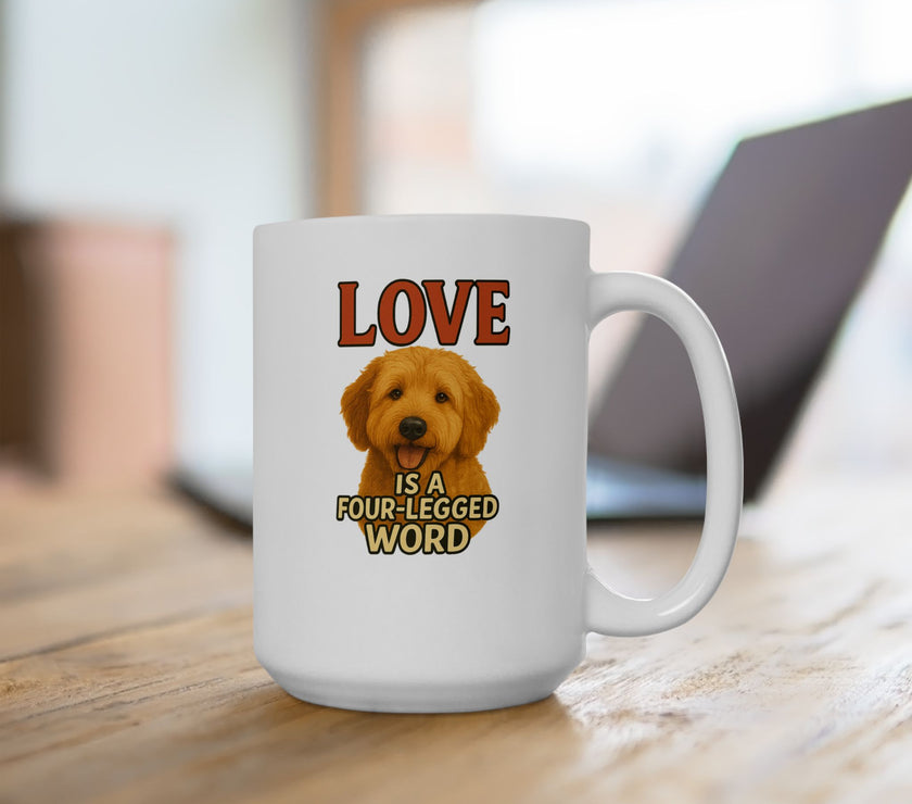 White mug with a dog illustration and text 'LOVE IS A FOUR-LEGGED WORD' on a wooden surface.