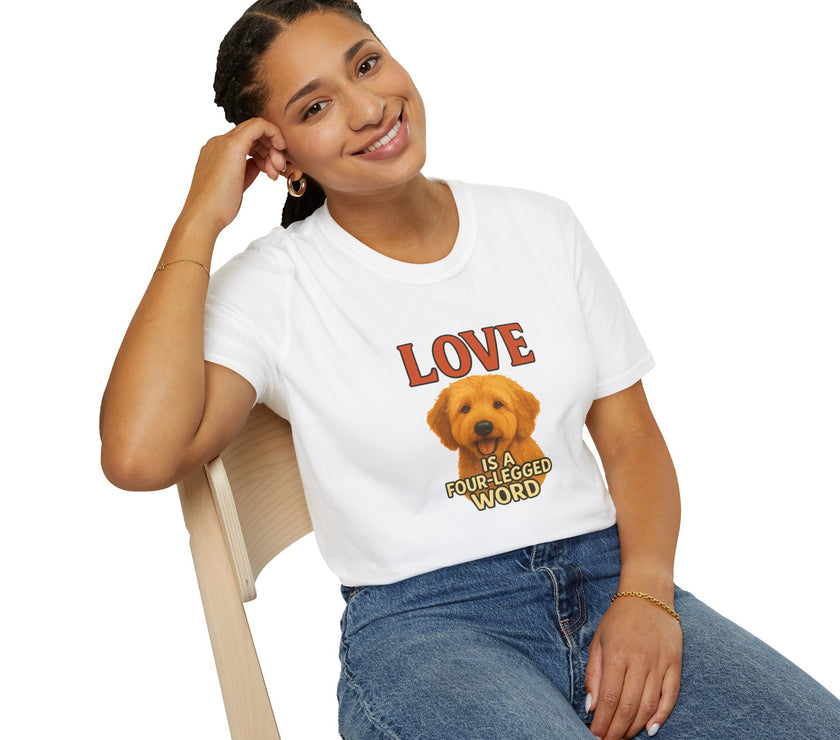 Person wearing a white t-shirt with a dog graphic and text, sitting on a chair.