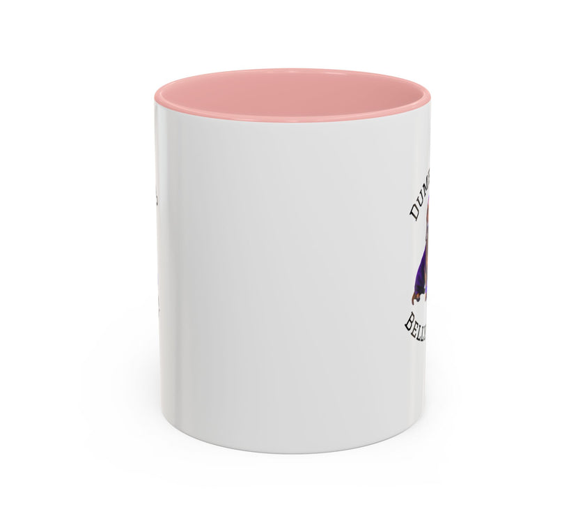 Two tone ceramic mug featuring a dachshund next to dumbbells and the humorous text 'Dumbbells? Belly Rubs?', designed for dog lovers and fitness enthusiasts.