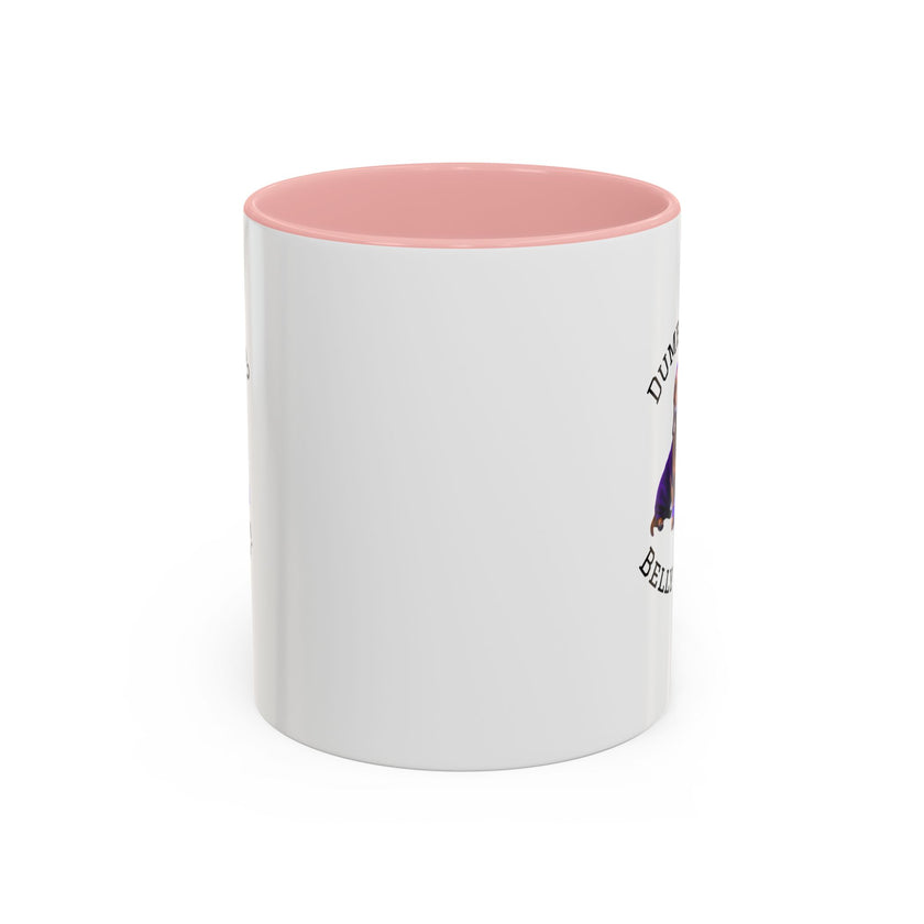 Two tone ceramic mug featuring a dachshund next to dumbbells and the humorous text 'Dumbbells? Belly Rubs?', designed for dog lovers and fitness enthusiasts.