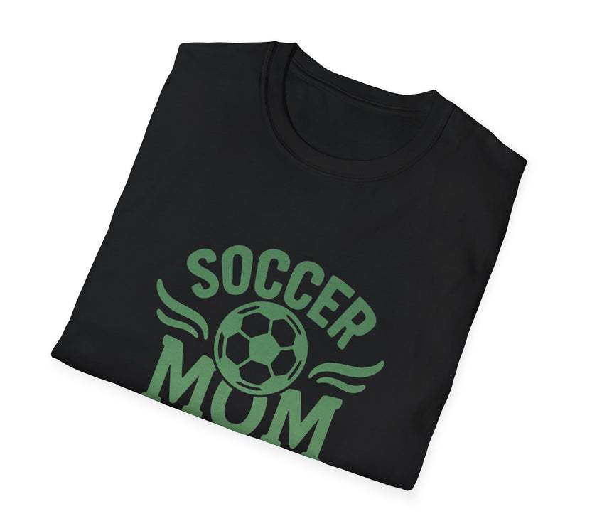 Black t-shirt with 'Soccer Mum' text and soccer ball graphic on a white background
