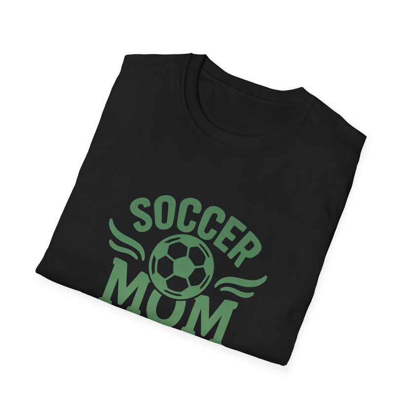 Black t-shirt with 'Soccer Mum' text and soccer ball graphic on a white background
