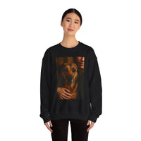 Person wearing a black sweatshirt with a dog graphic on a white background