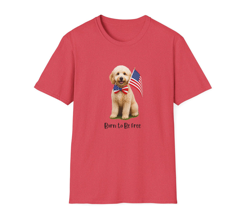 T-shirt featuring a cute golden doodle puppy wearing an American flag bow tie and holding a small U.S. flag, with the phrase 'Born to Be Free' printed below the image.