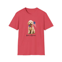 T-shirt featuring a cute golden doodle puppy wearing an American flag bow tie and holding a small U.S. flag, with the phrase 'Born to Be Free' printed below the image.