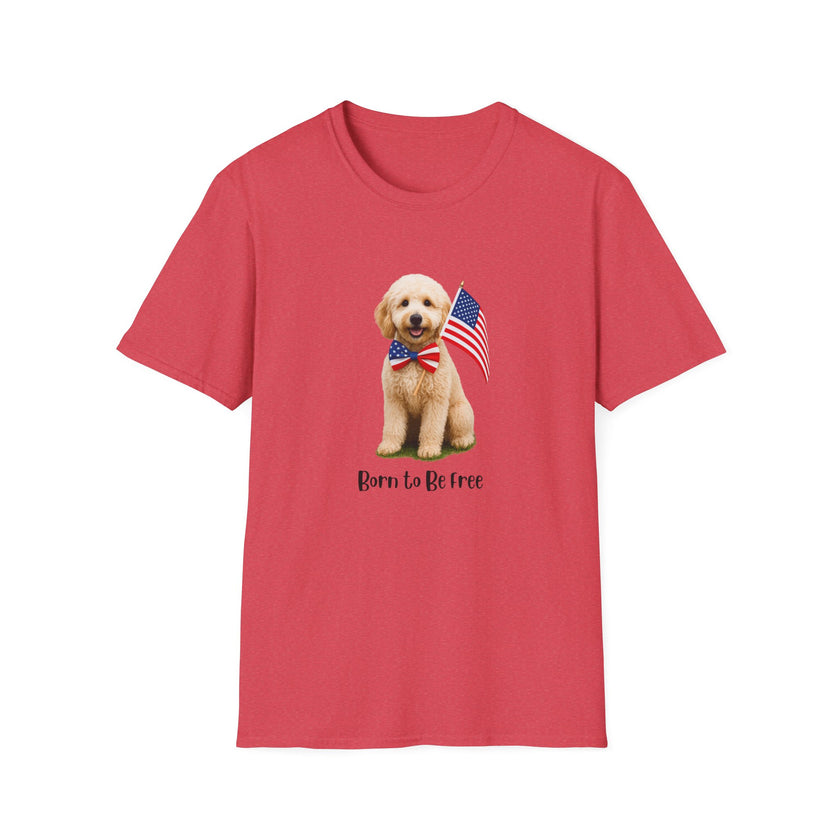 T-shirt featuring a cute golden doodle puppy wearing an American flag bow tie and holding a small U.S. flag, with the phrase 'Born to Be Free' printed below the image.