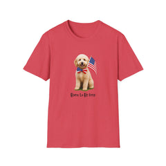T-shirt featuring a cute golden doodle puppy wearing an American flag bow tie and holding a small U.S. flag, with the phrase 'Born to Be Free' printed below the image.