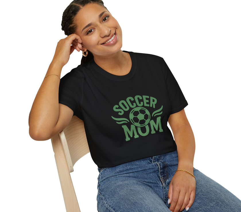 Woman wearing a black t-shirt with 'Soccer Mum' text and a soccer ball graphic.