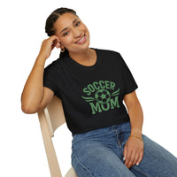 Woman wearing a black t-shirt with 'Soccer Mum' text and a soccer ball graphic.