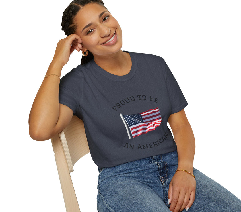 Smiling woman  wearing a white t-shirt with an American flag graphic and the words 'Proud to Be an American' printed around the flag