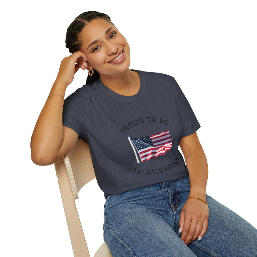 Smiling woman  wearing a white t-shirt with an American flag graphic and the words 'Proud to Be an American' printed around the flag