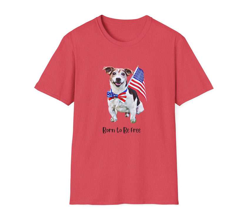 T-shirt featuring a cute  puppy wearing an American flag bow tie and holding a small U.S. flag, with the phrase 'Born to Be Free' printed below the image.