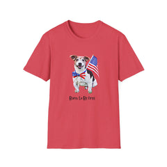 T-shirt featuring a cute  puppy wearing an American flag bow tie and holding a small U.S. flag, with the phrase 'Born to Be Free' printed below the image.
