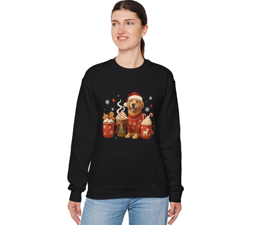 Person wearing a black sweatshirt with a bear graphic and hot chocolate design on a white background