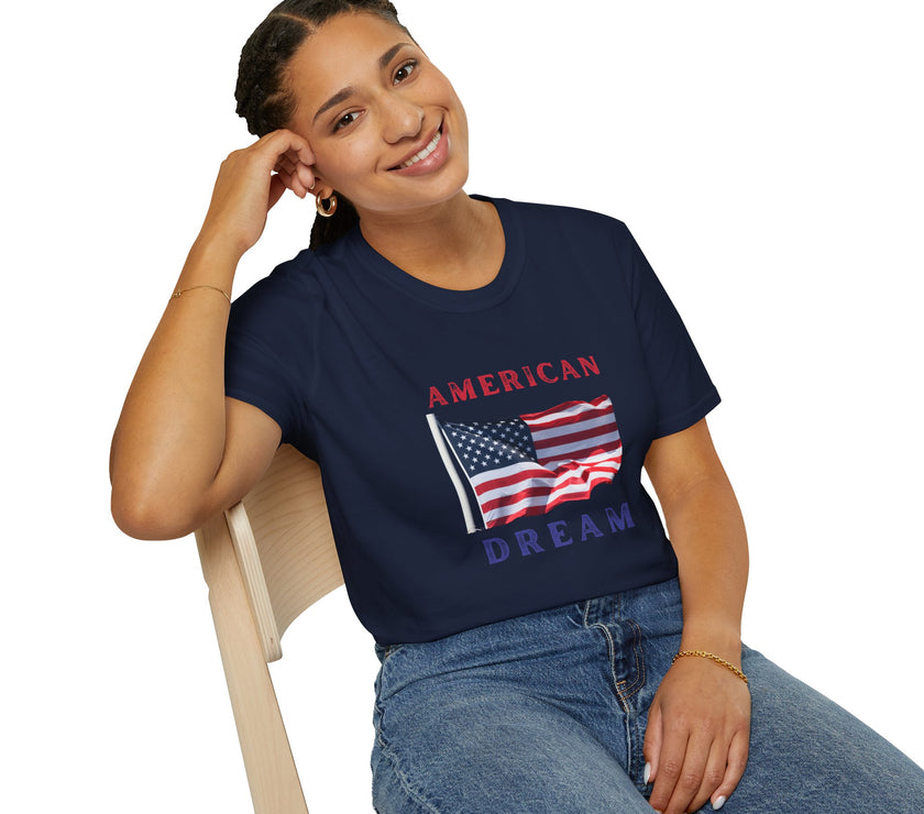 Female wearing T-shirt featuring an American flag graphic with the words 'AMERICAN DREAM' in red and blue text above and below the flag