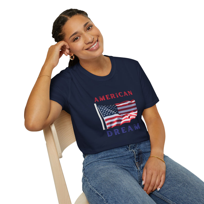 Female wearing T-shirt featuring an American flag graphic with the words 'AMERICAN DREAM' in red and blue text above and below the flag