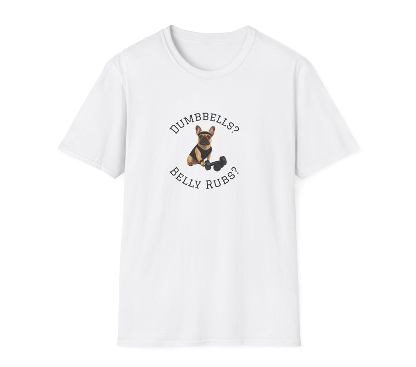 White t-shirt with a dog graphic and text on a white background