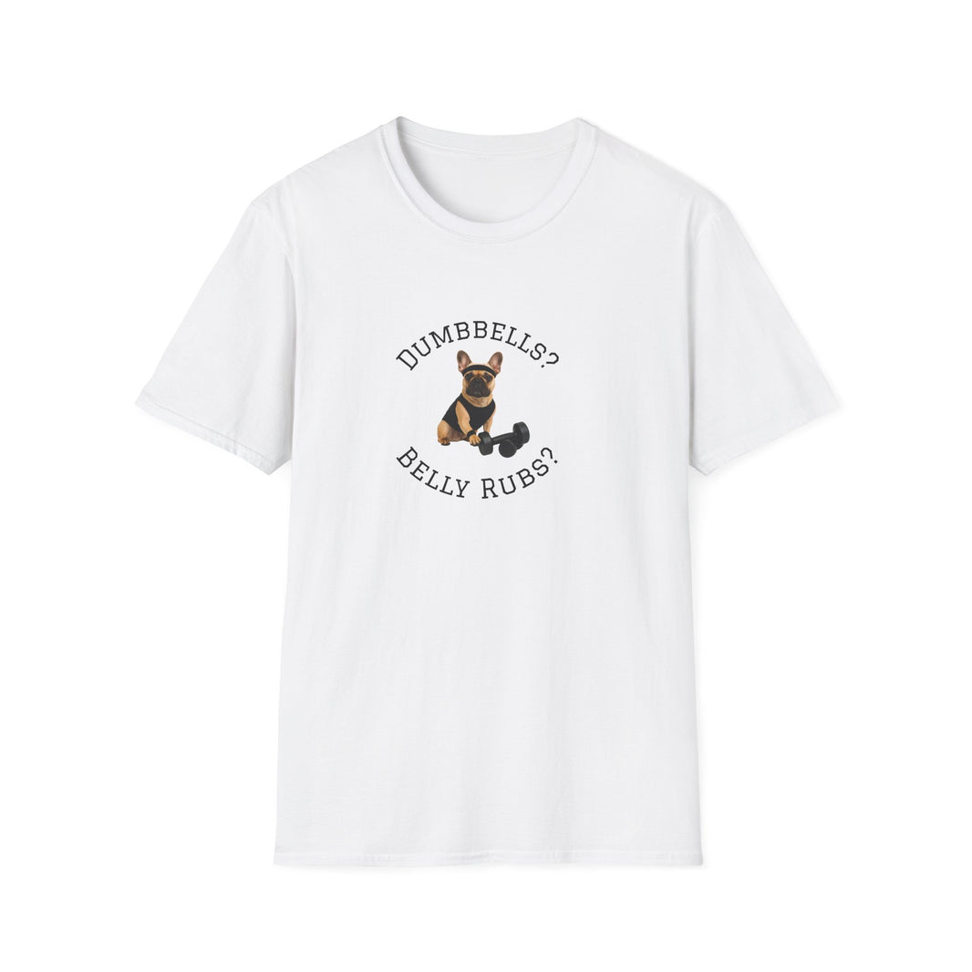 White t-shirt with a dog graphic and text on a white background