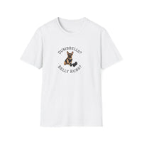 White t-shirt with a dog graphic and text on a white background