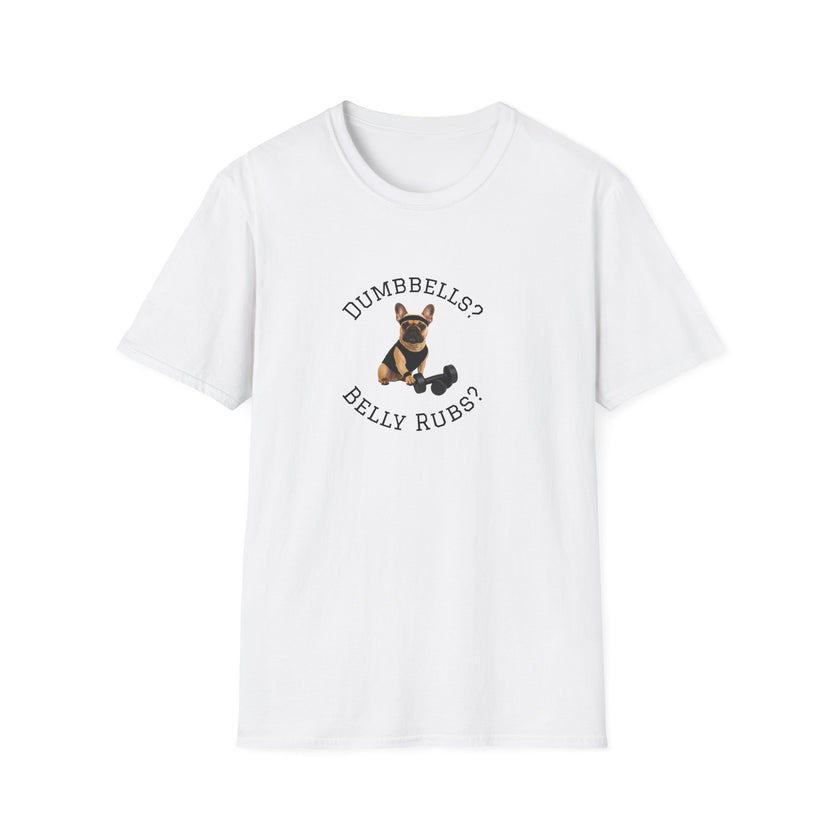 White t-shirt with a dog graphic and text on a white background