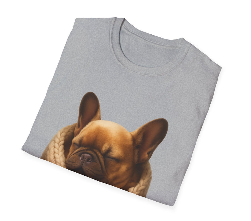 Folded gray t-shirt with a brown dog design on a white background