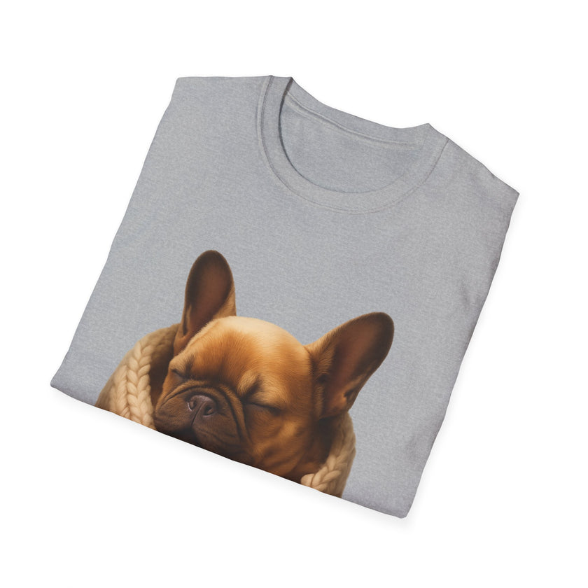 Folded gray t-shirt with a brown dog design on a white background