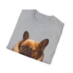 Folded gray t-shirt with a brown dog design on a white background