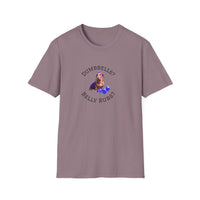 Paragon adult T-shirt with a printed image of a dog and the humorous text 'Dumbbells? Belly Rubs?', designed for dog lovers and fitness enthusiasts.