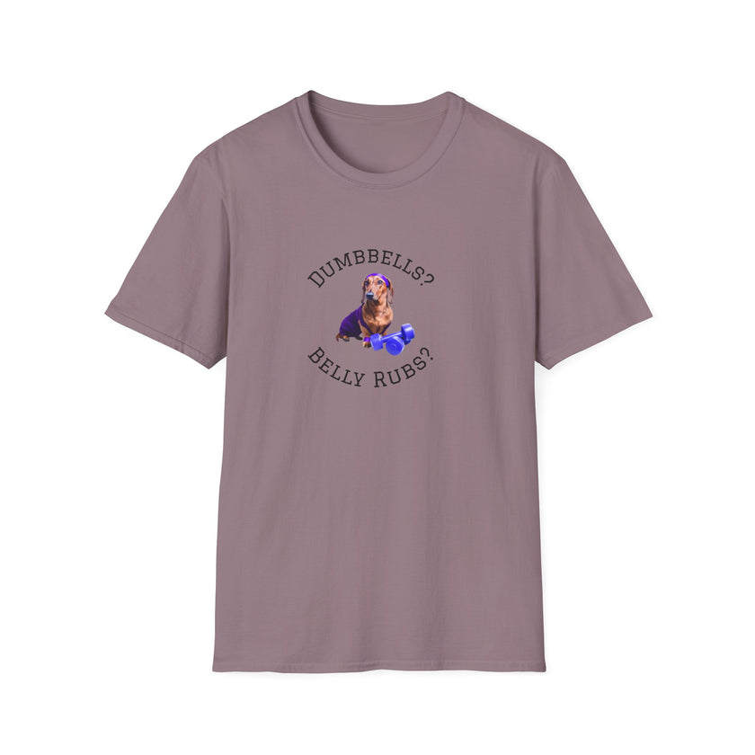 Paragon adult T-shirt with a printed image of a dog and the humorous text 'Dumbbells? Belly Rubs?', designed for dog lovers and fitness enthusiasts.