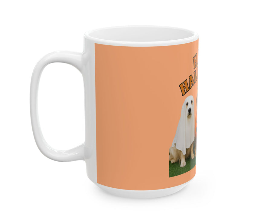 Mug with a dog graphic and text on an orange background