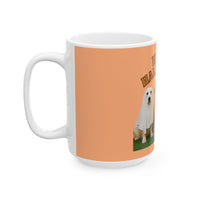 Mug with a dog graphic and text on an orange background