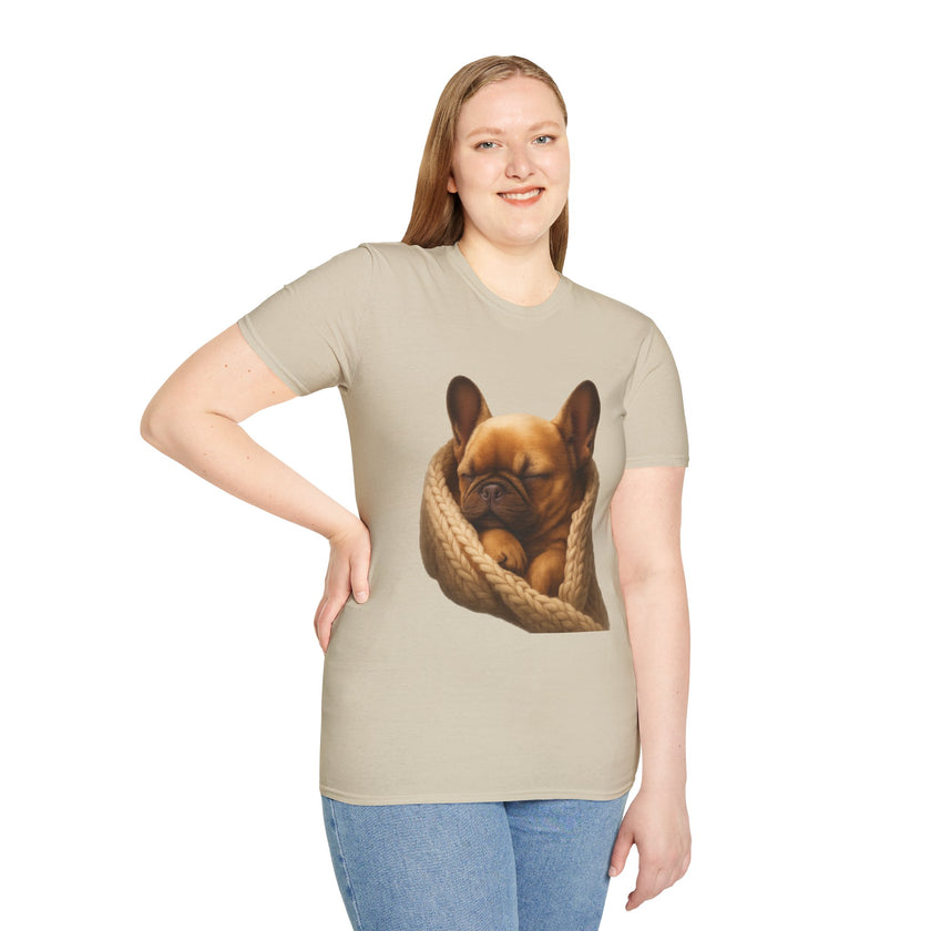 Person wearing a beige t-shirt with a dog graphic on a white background
