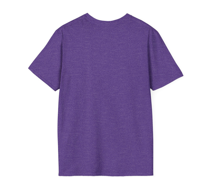 Heather Purple adult T-shirt with a printed image of a dog and the humorous text 'Dumbbells? Belly Rubs?', designed for dog lovers and fitness enthusiasts.  Back view