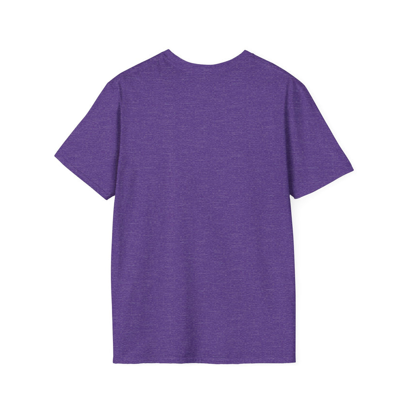 Heather Purple adult T-shirt with a printed image of a dog and the humorous text 'Dumbbells? Belly Rubs?', designed for dog lovers and fitness enthusiasts.  Back view
