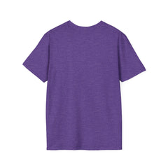 Heather Purple adult T-shirt with a printed image of a dog and the humorous text 'Dumbbells? Belly Rubs?', designed for dog lovers and fitness enthusiasts.  Back view