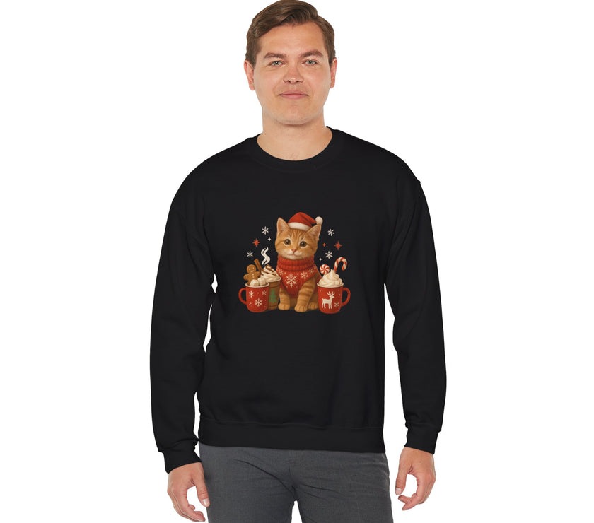 Person wearing a black sweatshirt with a Christmas-themed cat design on a white background