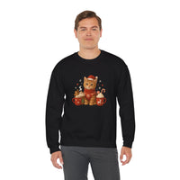 Person wearing a black sweatshirt with a Christmas-themed cat design on a white background