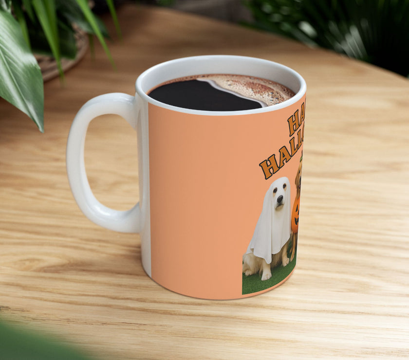 Mug with a dog design and 'Happy Halloween' text on an orange background, filled with coffee, on a wooden table.