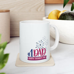 White ceramic mug with colorful #1 Dad and Happy Father’s Day message, accented with fireworks graphics, perfect for celebrating dads.