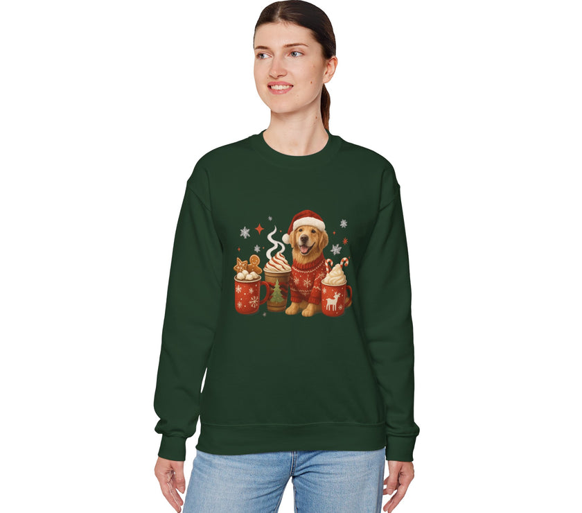 Person wearing a green sweatshirt with a Christmas-themed design of a dog and gingerbread men.