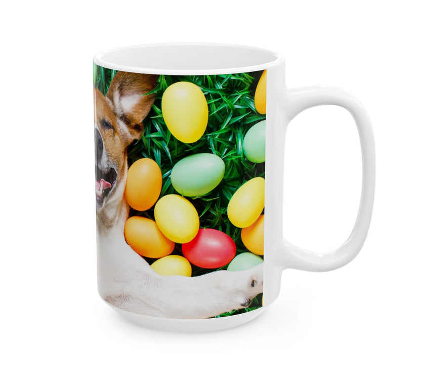 Easter Delight Ceramic Mug- Playful pup with colorful Easter eggs